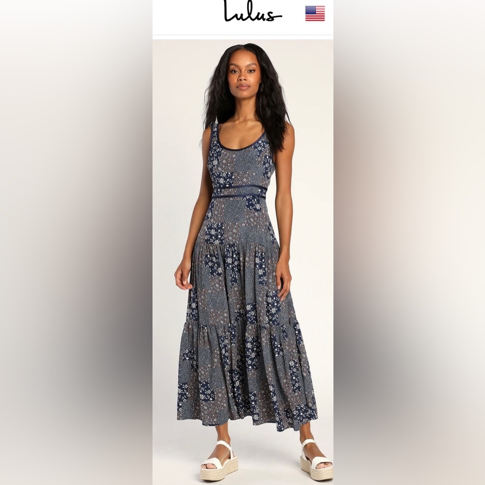 Gorgeous Lulus Crush Season Navy Blue Floral Quilt Print Maxi Dress